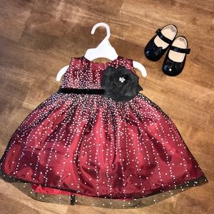 Sparkly Baby Girl Red & Black w/Flower Dress 6-9M
